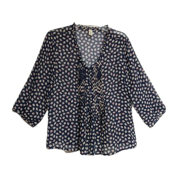 Old Navy Top Women Medium Sheer Loose Leaves Print Pleated Front Buttons Blue M - Picture 1 of 9